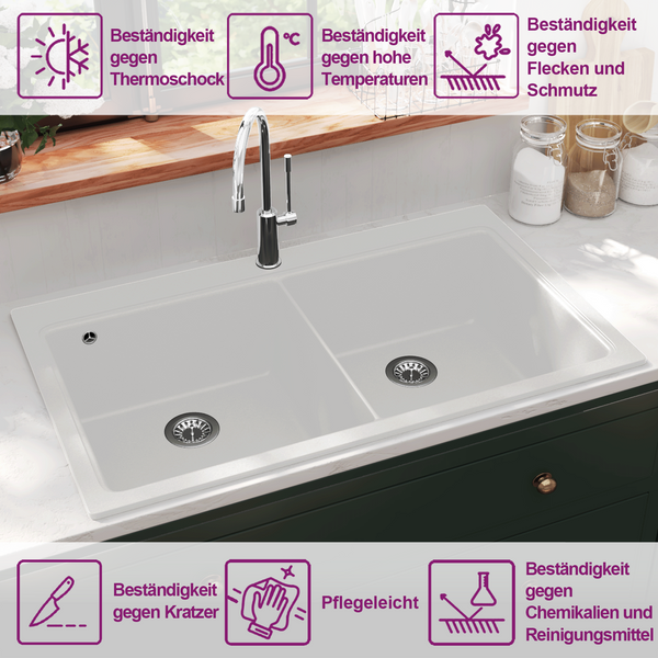 Granite double-bowl sink white