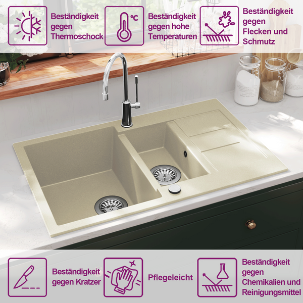 vidaXL Granite Sink Double Basin Beige