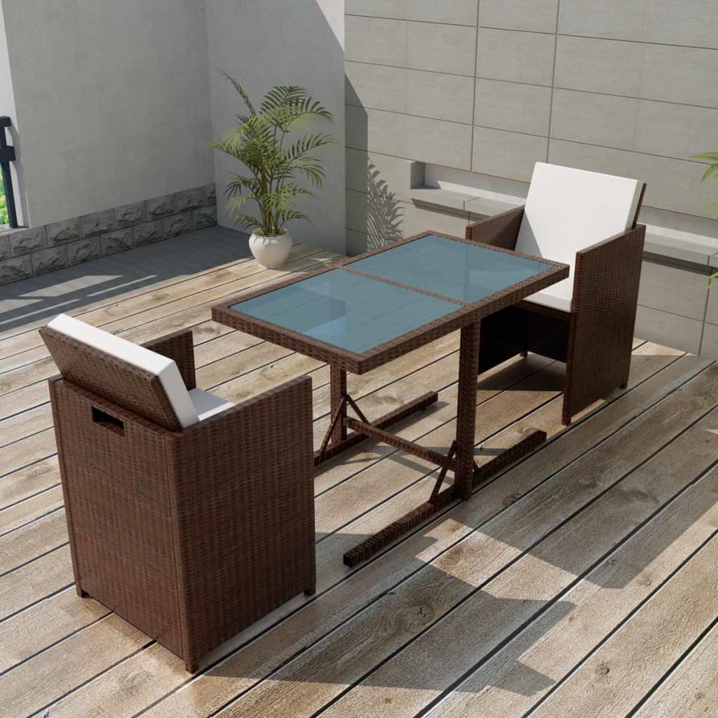 vidaXL 3-Piece Bistro Set with Cushions Poly Rattan Brown