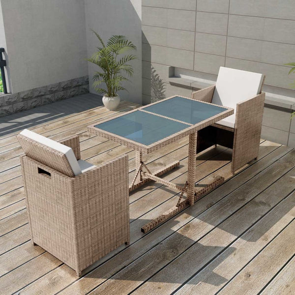 vidaXL 3-Piece Bistro Set with Cushions Poly Rattan Beige