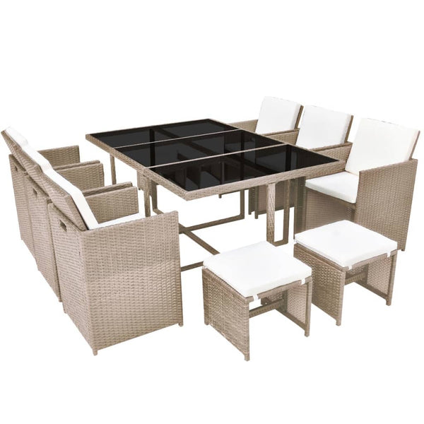 vidaXL 11-pc. Outdoor Dining Set with Cushions Poly Rattan Beige