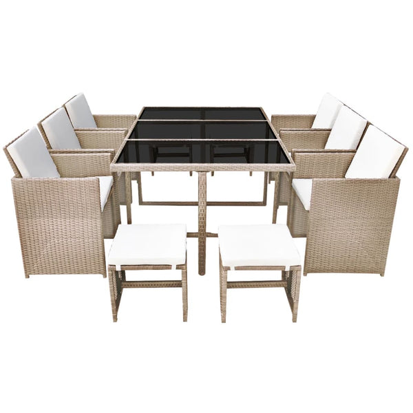 vidaXL 11-pc. Outdoor Dining Set with Cushions Poly Rattan Beige