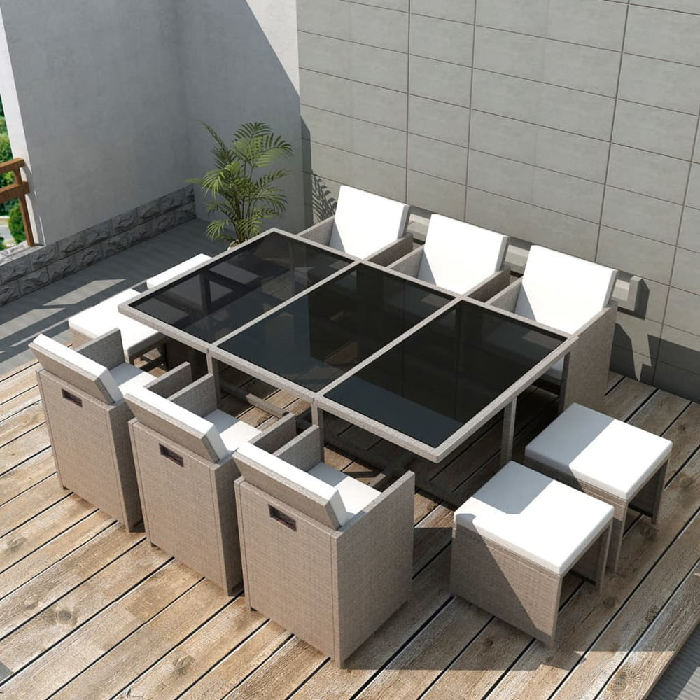 vidaXL 11-pc. Outdoor Dining Set with Cushions Poly Rattan Beige