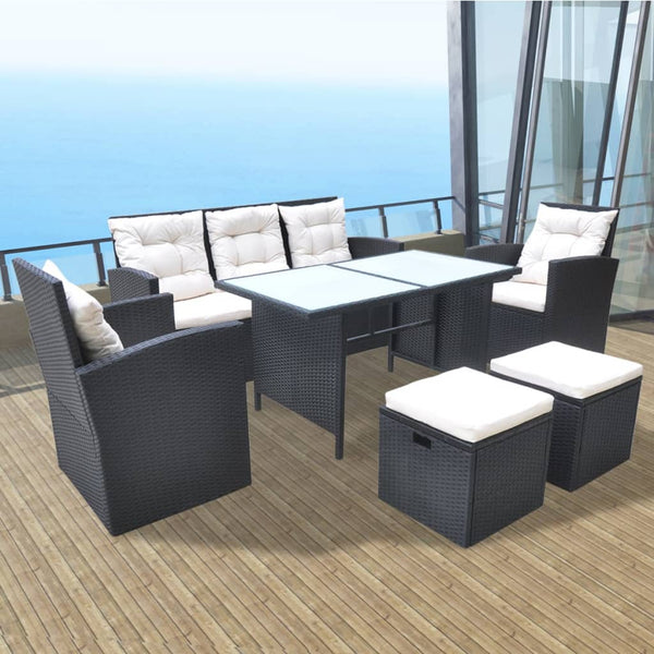 vidaXL 6-Seater Garden Dining Set with Cushions Poly Rattan Black