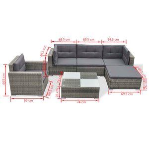 vidaXL 6-Piece Garden Lounge Set with Cushions Poly Rattan Grey