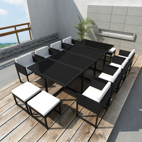 13-teilige Garten Essgruppe Poly Rattan Schwarz