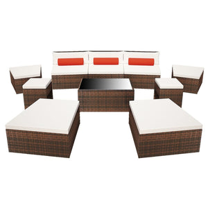vidaXL 10-Piece Garden Lounge Set with Cushions Poly Rattan Brown