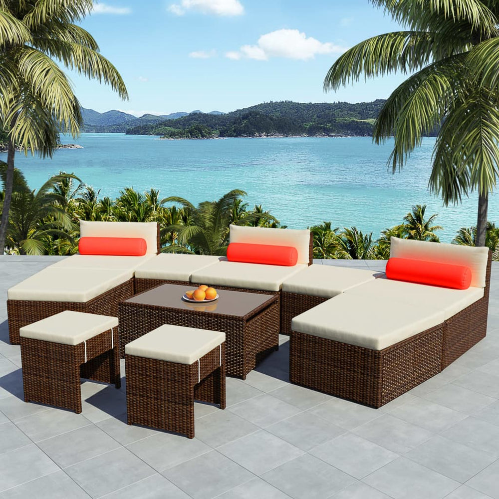 vidaXL 10-Piece Garden Lounge Set with Cushions Poly Rattan Brown