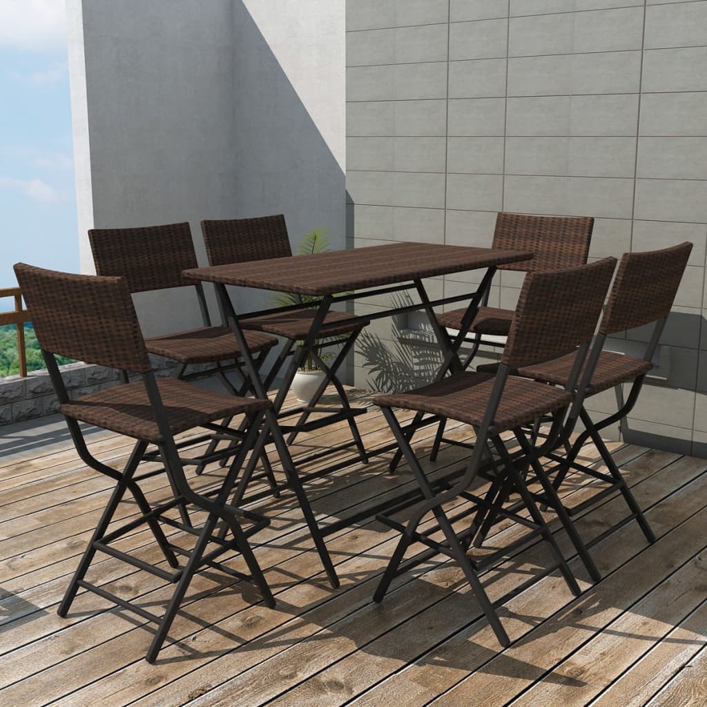 vidaXL 7-Piece Folding Outdoor Dining Set Steel Poly Rattan Brown