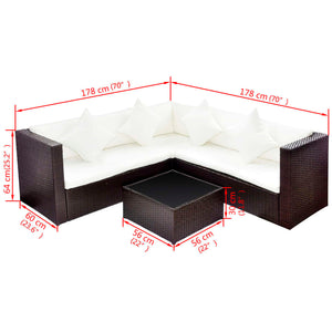 4-tlg. Garten-Lounge-Set mit Kissen Poly-Rattan Braun