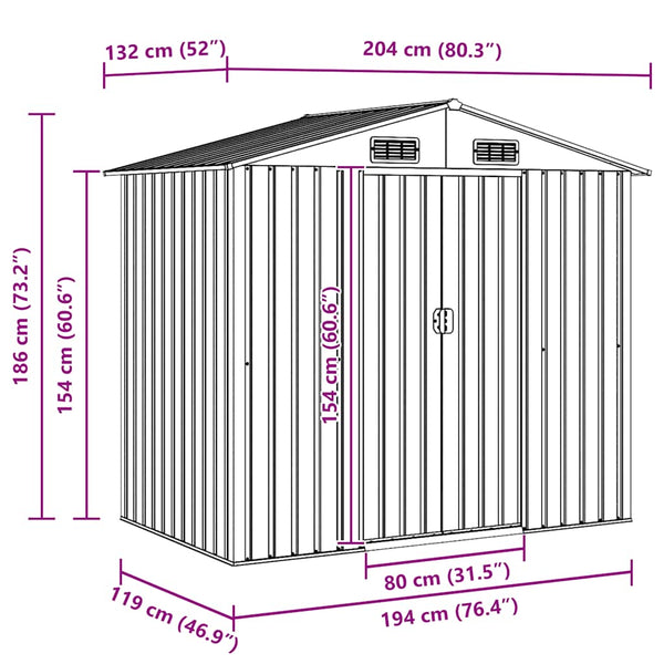 vidaXL Garden Shed Green Metal 204 x 132 x 186 cm