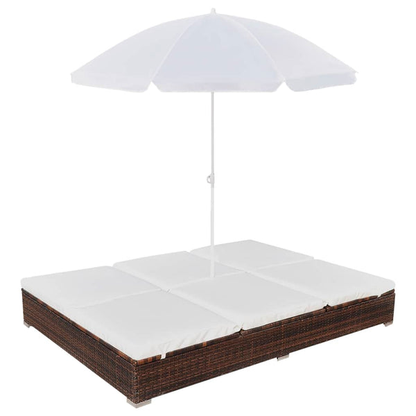 vidaXL Outdoor Rattan Lounge Bed with Umbrella Brown