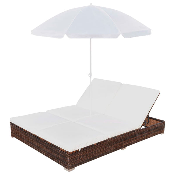 vidaXL Outdoor Rattan Lounge Bed with Umbrella Brown
