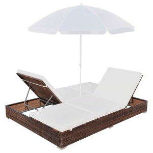 vidaXL Outdoor Rattan Lounge Bed with Umbrella Brown