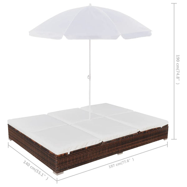 vidaXL Outdoor Rattan Lounge Bed with Umbrella Brown
