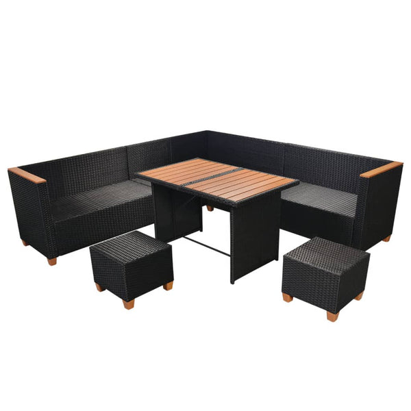 vidaXL 7-Piece Garden Lounge Set with Cushions Poly Rattan Black