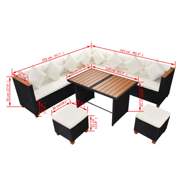 vidaXL 7-Piece Garden Lounge Set with Cushions Poly Rattan Black