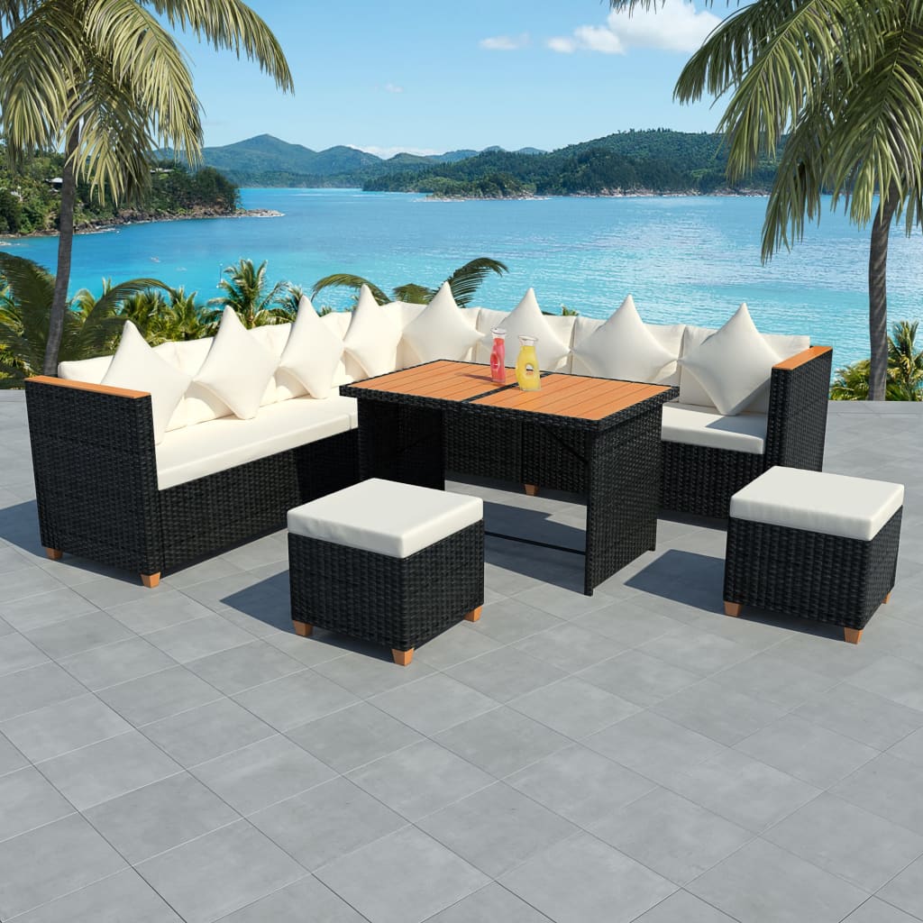 vidaXL 7-Piece Garden Lounge Set with Cushions Poly Rattan Black