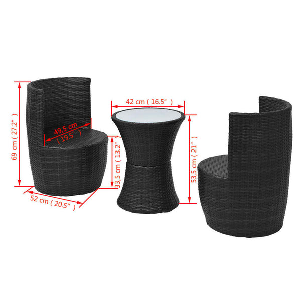 3-tlg. Bistro Set Poly Rattan Schwarz