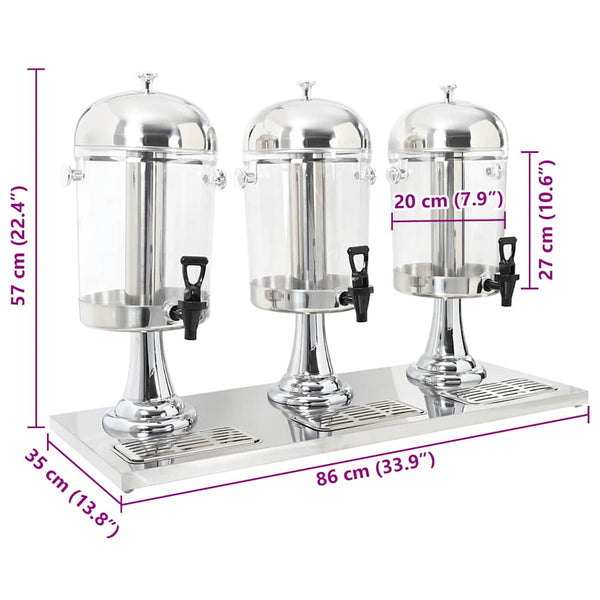 vidaXL Triple Beverage Dispenser Stainless Steel 3 x 8 Liters