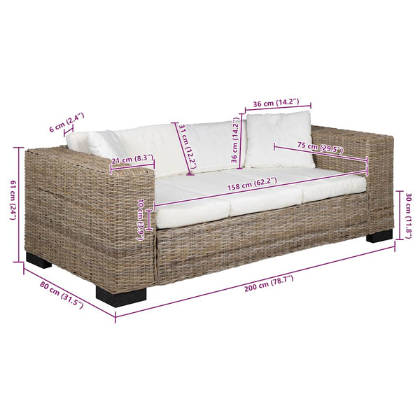 vidaXL 3-Seater Sofa Genuine Rattan
