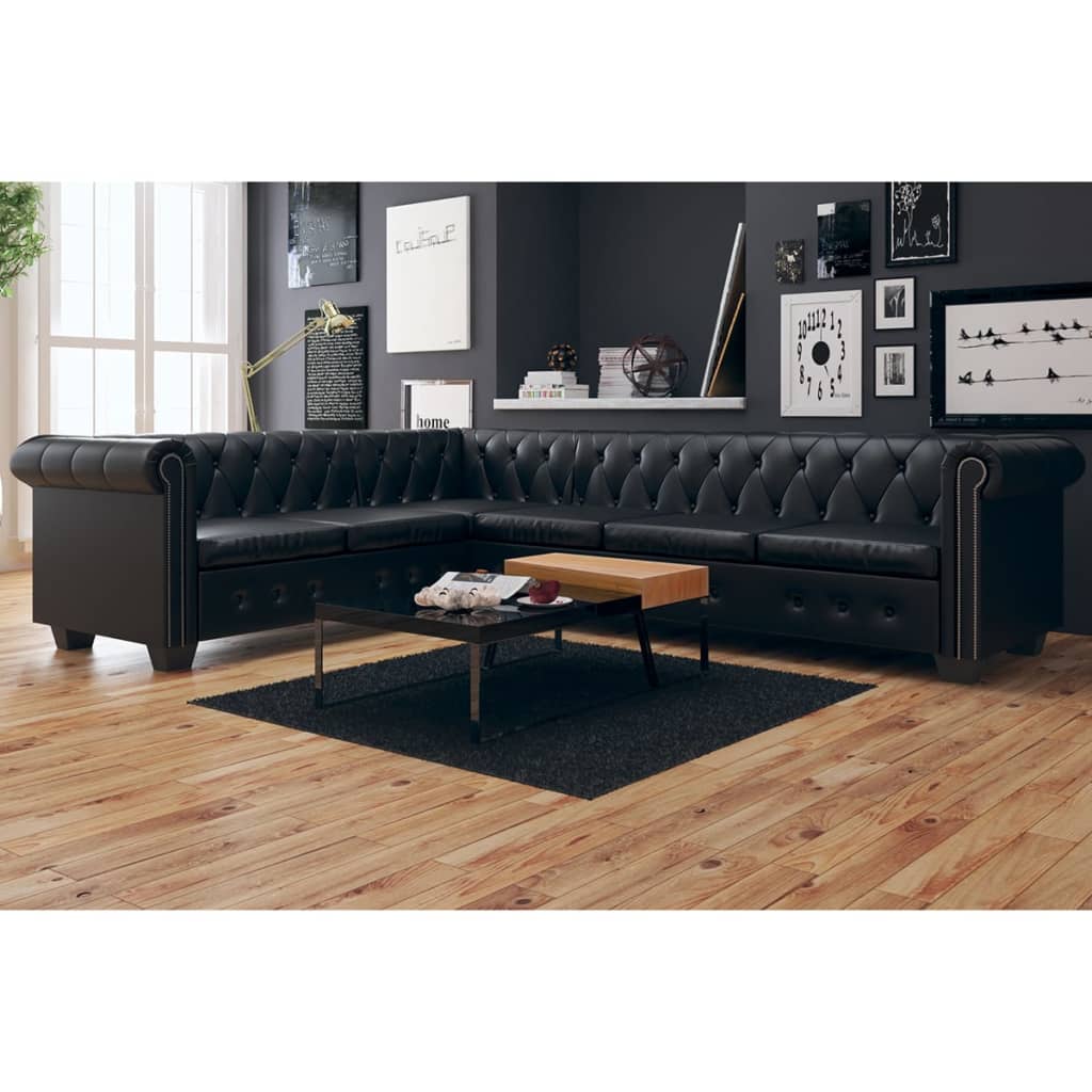 vidaXL Chesterfield 6-Seater Corner Sofa Artificial Leather Black