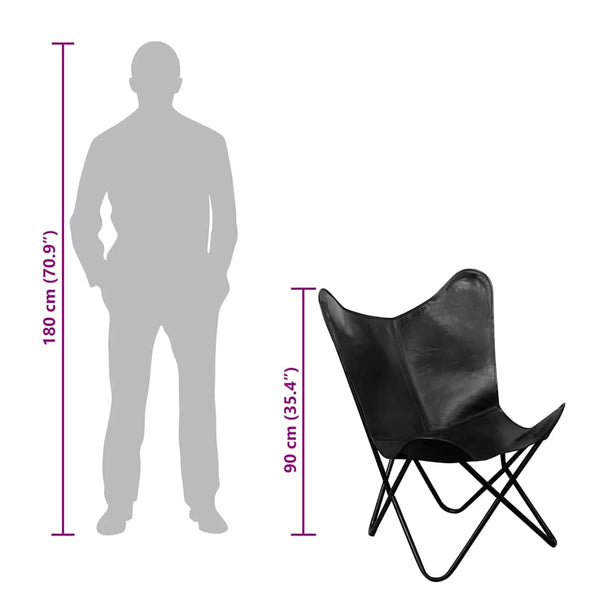 vidaXL Butterfly Chair Black Real Leather