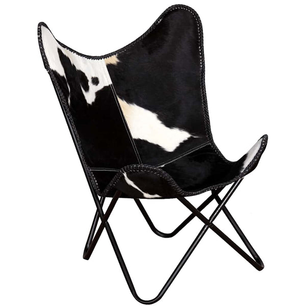 vidaXL Butterfly Chair Black and White Real Cowhide