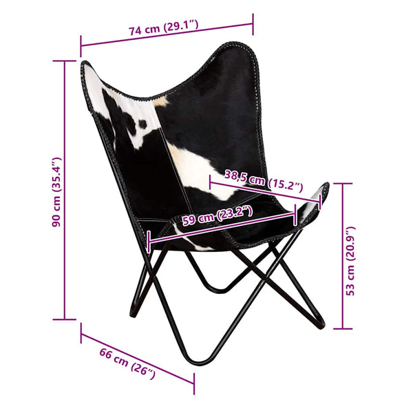 vidaXL Butterfly Chair Black and White Real Cowhide