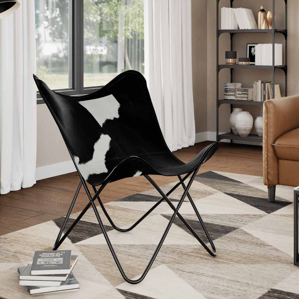 vidaXL Butterfly Chair Black and White Real Cowhide