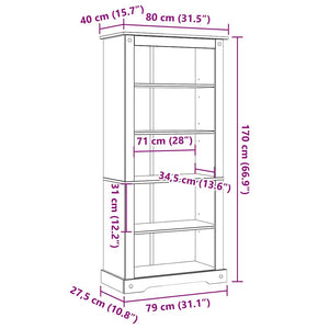 vidaXL Bookcase with 5 Shelves Mexican Style Pine Wood 80x40x170 cm
