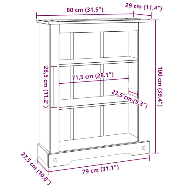 vidaXL Bookcase with 3 Shelves Mexican Corona Style Pine Wood 80x29x100 cm