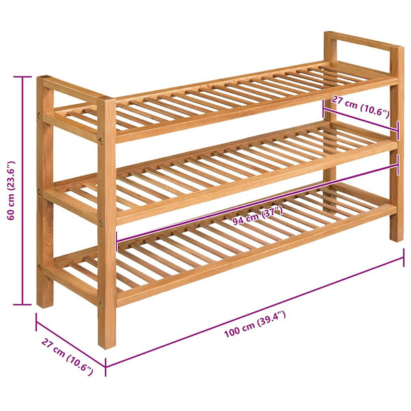 vidaXL Shoe Rack with 3 Tiers 100x27x60 cm Solid Oak Wood