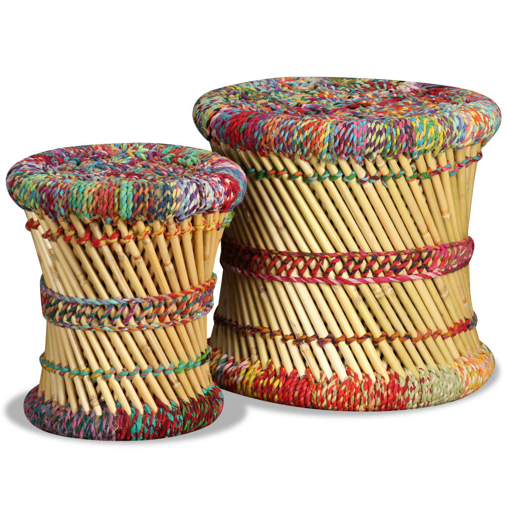 vidaXL Stool with Chindi Details 2 pcs. Multicolored Bamboo