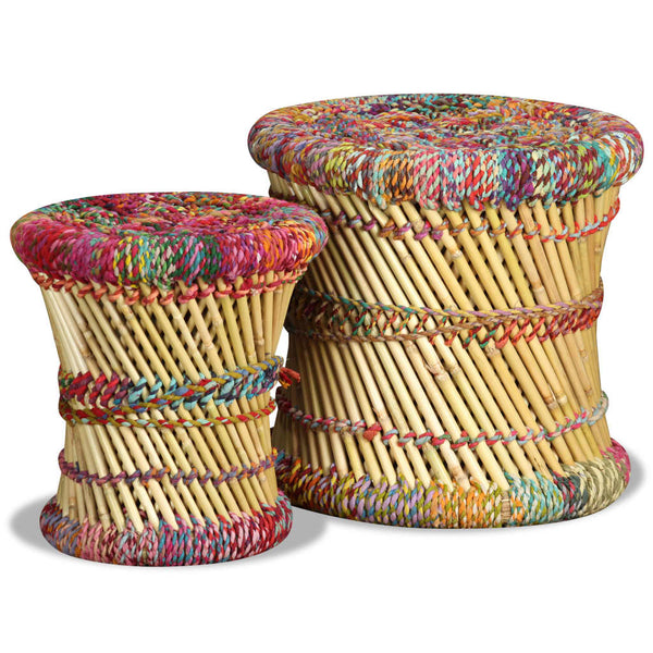 vidaXL Stool with Chindi Details 2 pcs. Multicolored Bamboo