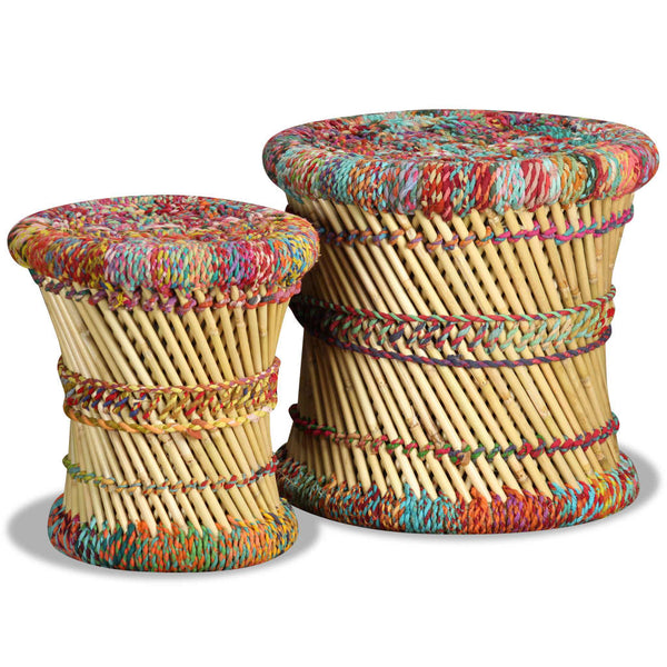 vidaXL Stool with Chindi Details 2 pcs. Multicolored Bamboo