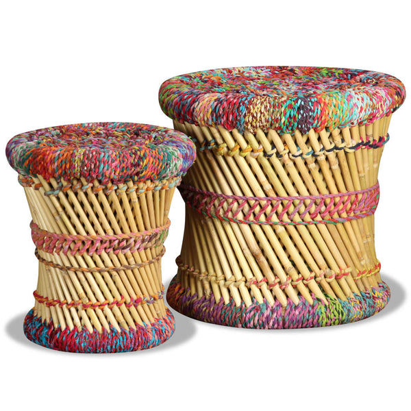 vidaXL Stool with Chindi Details 2 pcs. Multicolored Bamboo