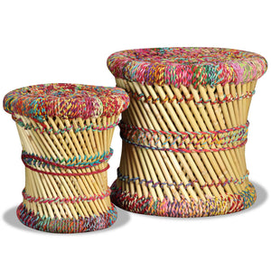 vidaXL Stool with Chindi Details 2 pcs. Multicolored Bamboo