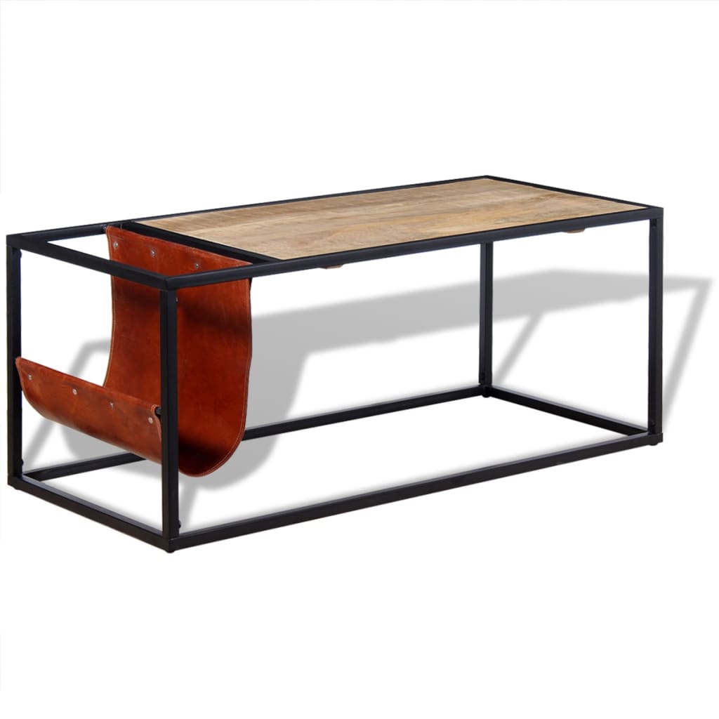 vidaXL Coffee Table with Magazine Rack Real Leather 110x50x45 cm
