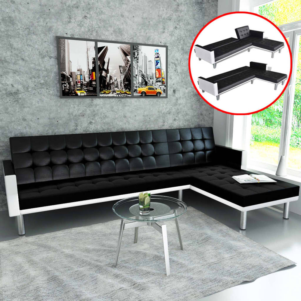 vidaXL L-shaped Sofa Bed Faux Leather Black