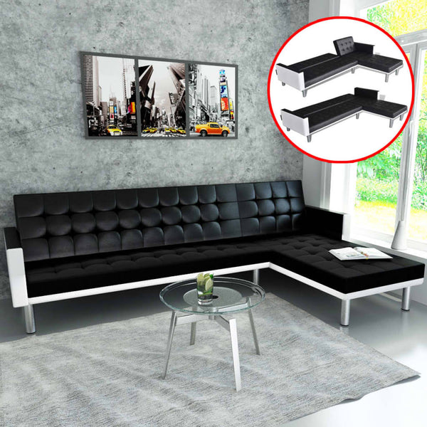 vidaXL L-shaped Sofa Bed Faux Leather Black