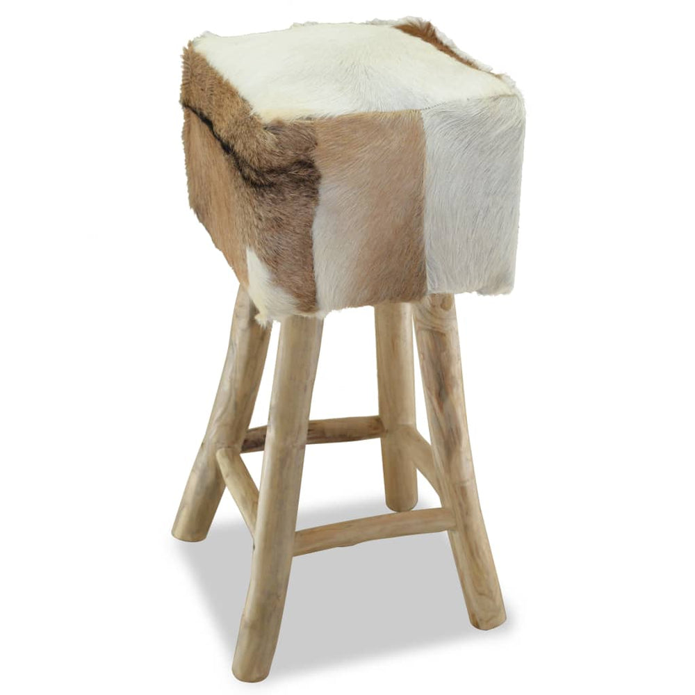 vidaXL Goat Leather and Solid Teak Wood Bar Stool