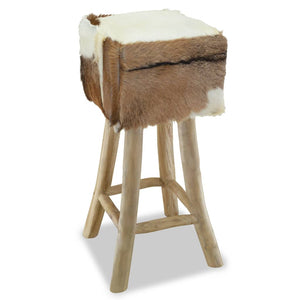 vidaXL Goat Leather and Solid Teak Wood Bar Stool