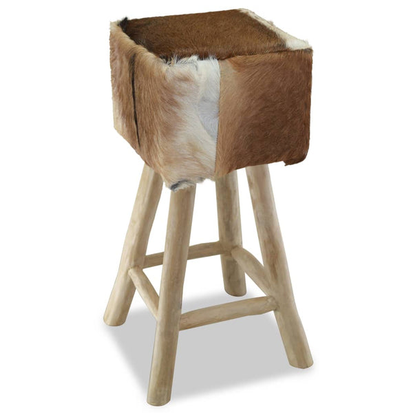 vidaXL Goat Leather and Solid Teak Wood Bar Stool