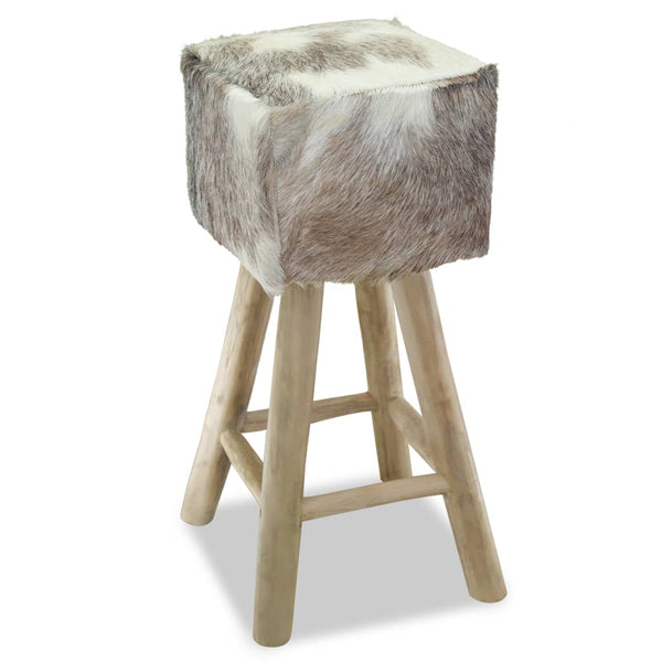 vidaXL Goat Leather and Solid Teak Wood Bar Stool