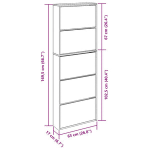 vidaXL Shoe Cabinet with 5 Compartments Mirror Oak 63x17x169.5 cm