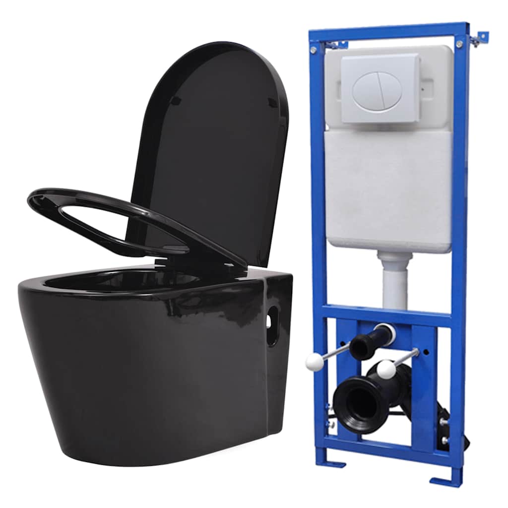 vidaXL Wall-Mounted Toilet with Concealed Cistern Ceramic Black