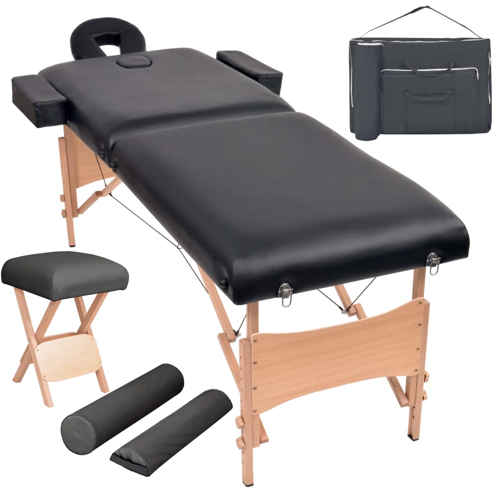 vidaXL 2-Zone Massage Table with Stool Foldable 10 cm Seat Black
