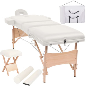 vidaXL 3-Zone Foldable Massage Table with Stool 10 cm Seat White