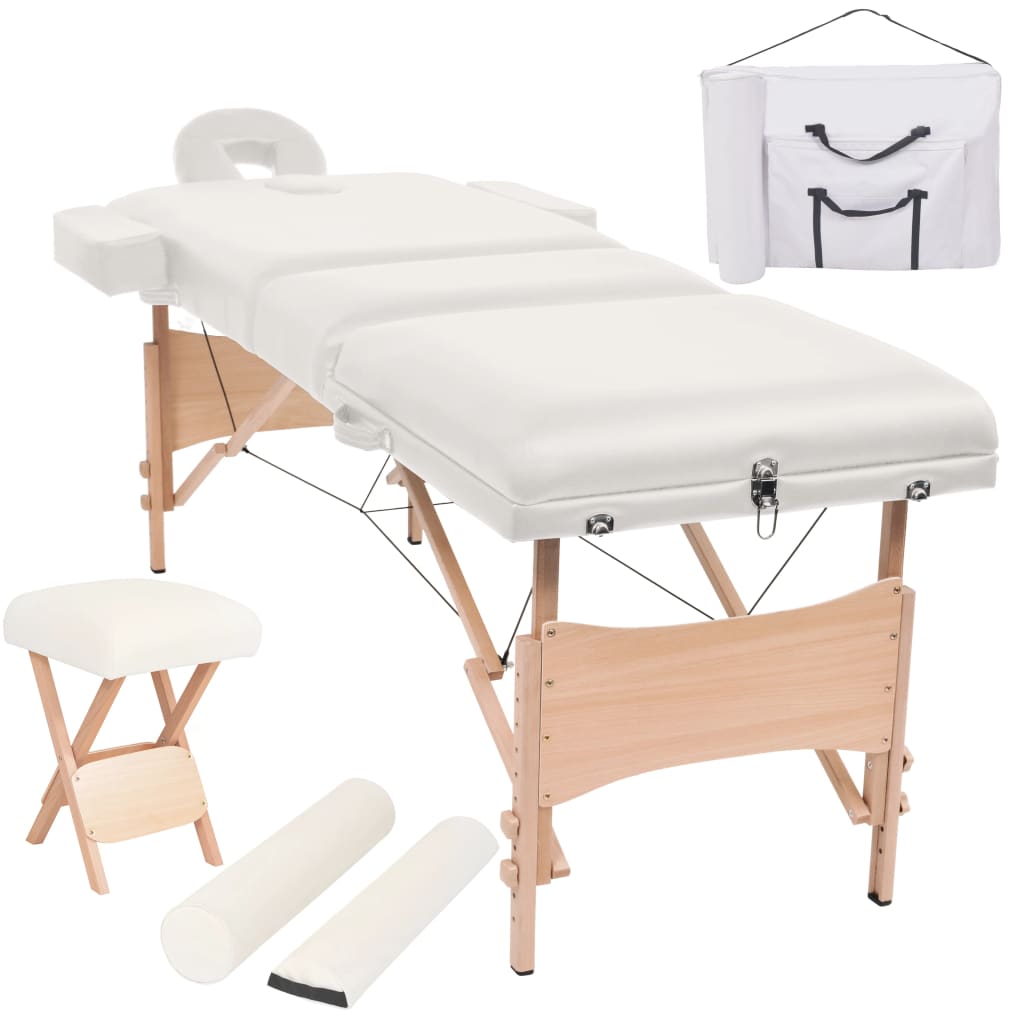 vidaXL 3-Zone Foldable Massage Table with Stool 10 cm Seat White